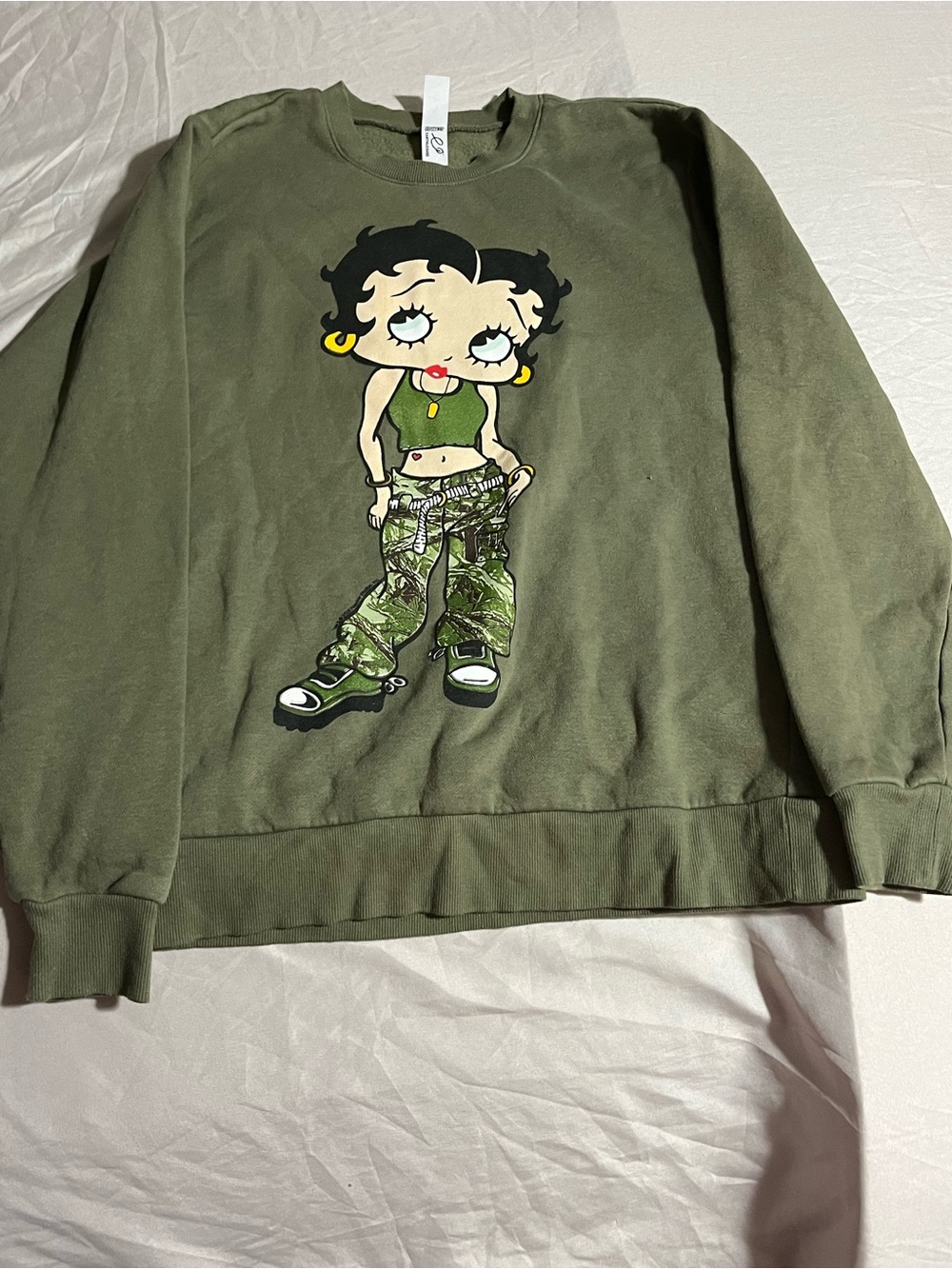 Betty Boop Oversized Olive Green Graphic Sweatshirt Women’s Size XS
